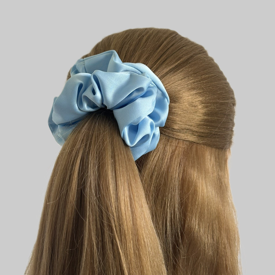 Tuhil Threads Medium Sky Blue Royal Micro Satin Scrunchie. Luxurious medium satin hair tie for a gentle, stylish hold. Shop Tuhil Threads hair accessories.