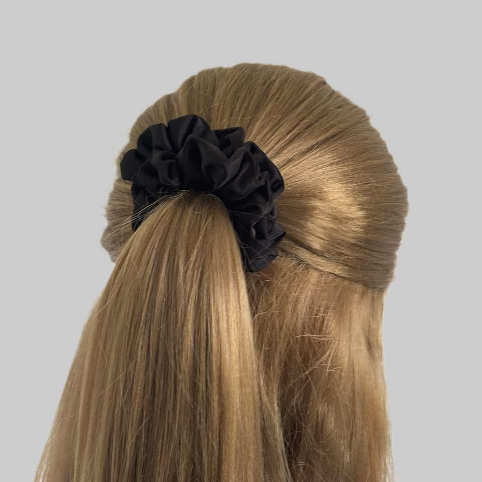 Tuhil Threads Medium Black Royal Micro Satin Scrunchie. Luxurious medium satin hair tie for a gentle, stylish hold. Shop Tuhil Threads hair accessories.