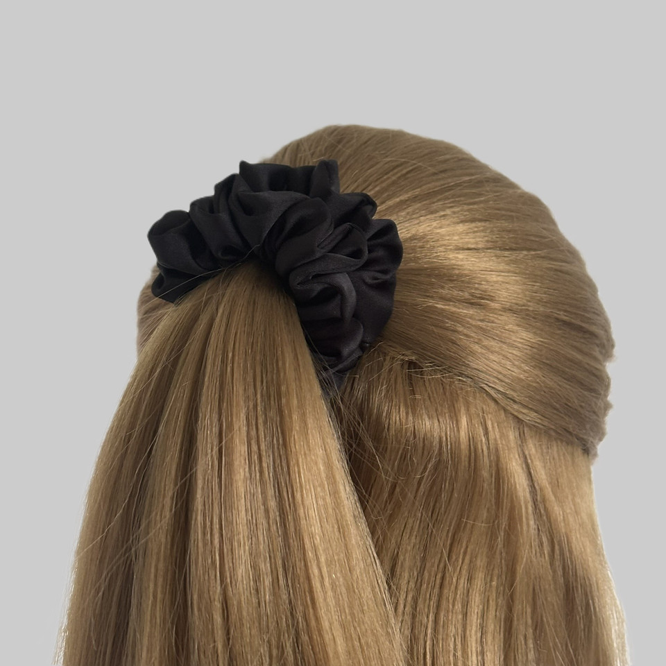 Tuhil Threads Small Black Royal Micro Satin Scrunchie. Luxurious small satin hair tie for a gentle, stylish hold. Shop Tuhil Threads hair accessories