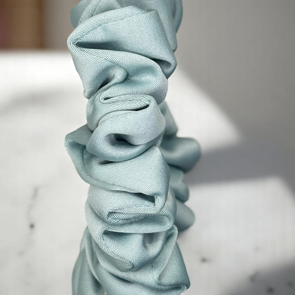 Tuhil Threads Small Mint Green Royal Micro Satin Scrunchie. Luxurious small satin hair tie for a gentle, stylish hold. Shop Tuhil Threads hair accessories