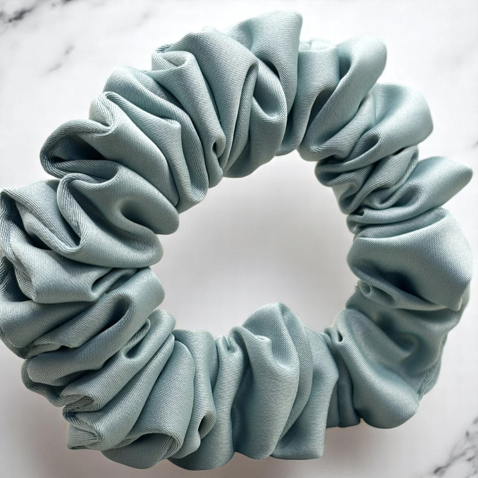 Tuhil Threads Small Mint Green Royal Micro Satin Scrunchie. Luxurious small satin hair tie for a gentle, stylish hold. Shop Tuhil Threads hair accessories