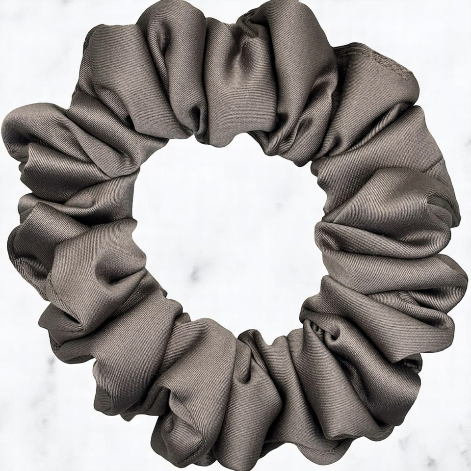 Tuhil Threads Small Taupe Royal Micro Satin Scrunchie. Luxurious small satin hair tie for a gentle, stylish hold. Shop Tuhil Threads hair accessories