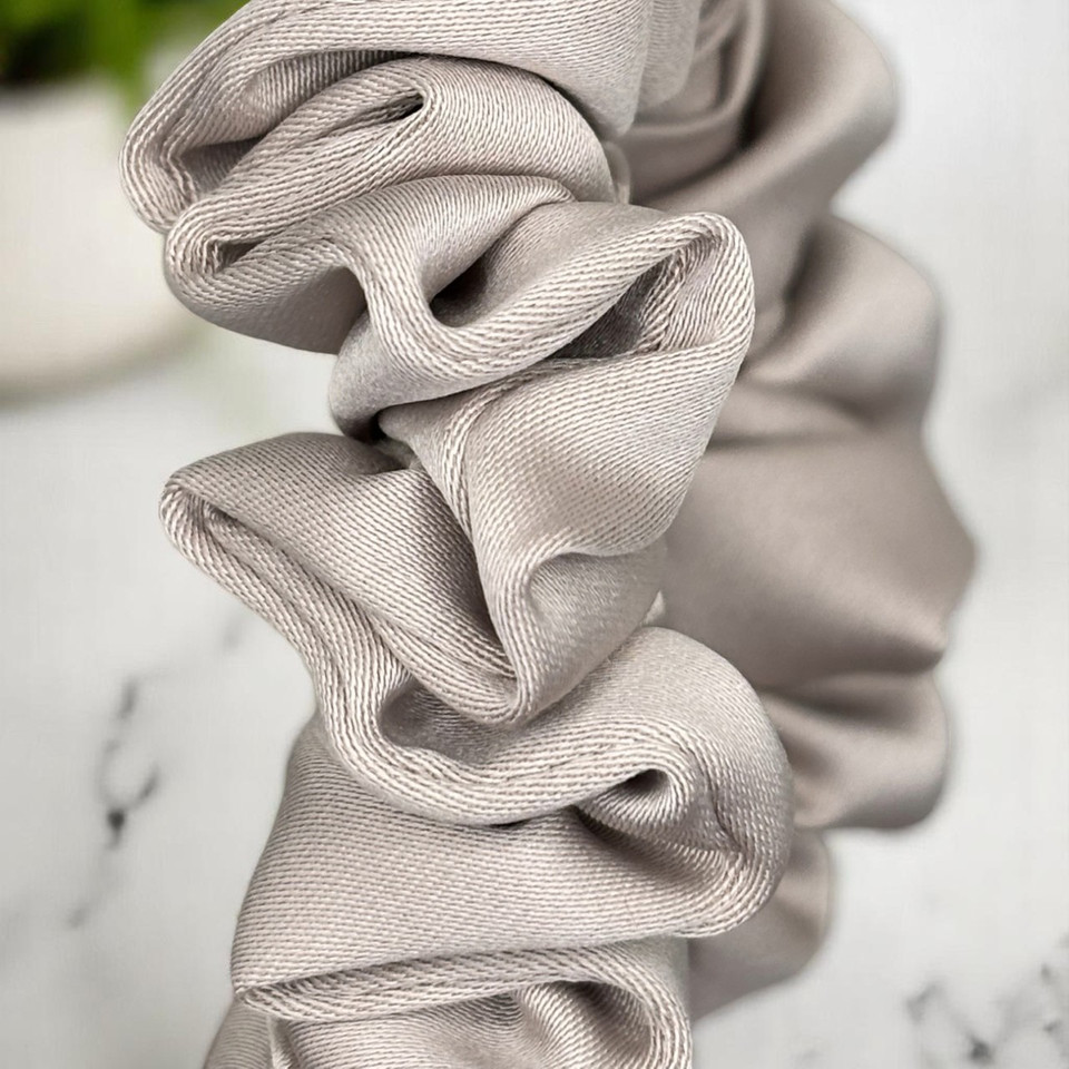 Tuhil Threads Small Mink Royal Micro Satin Scrunchie. Luxurious small satin hair tie for a gentle, stylish hold. Shop Tuhil Threads hair accessories