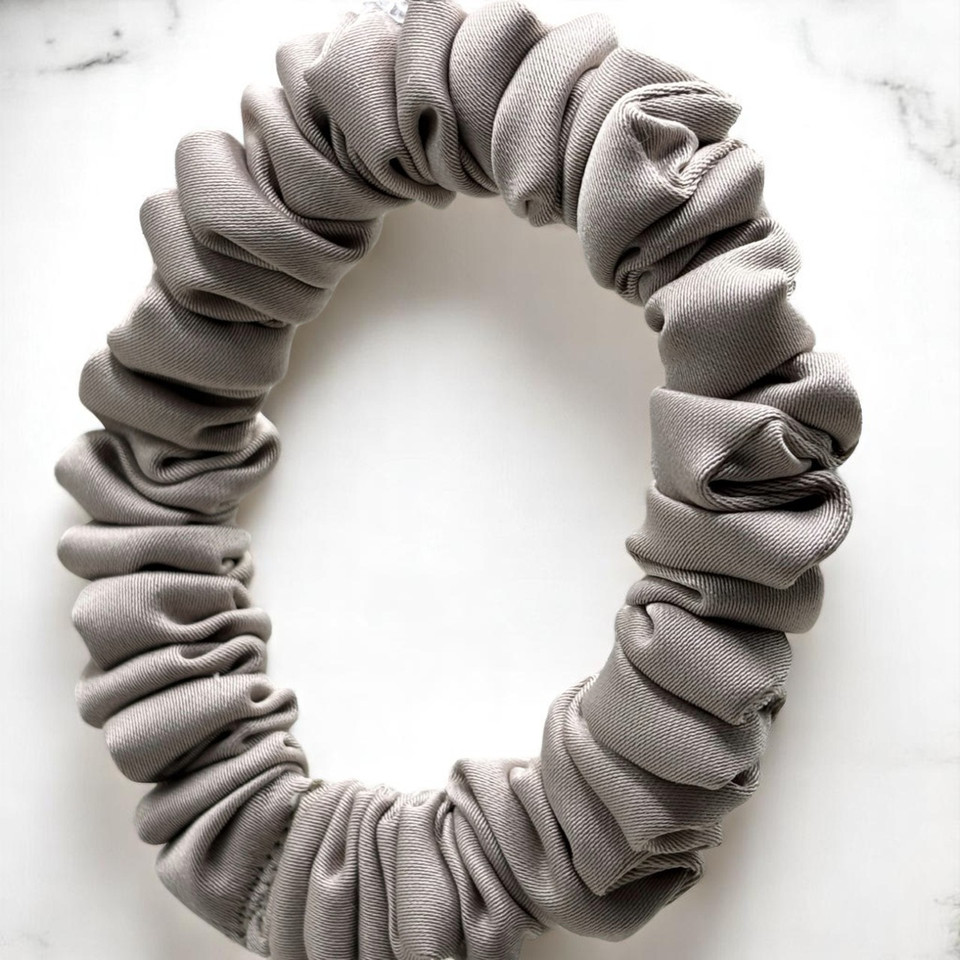 Tuhil Threads X-Small Mink Royal Micro Satin Scrunchie. Luxurious extra small satin hair tie for a gentle, stylish hold. Shop Tuhil Threads hair accessories