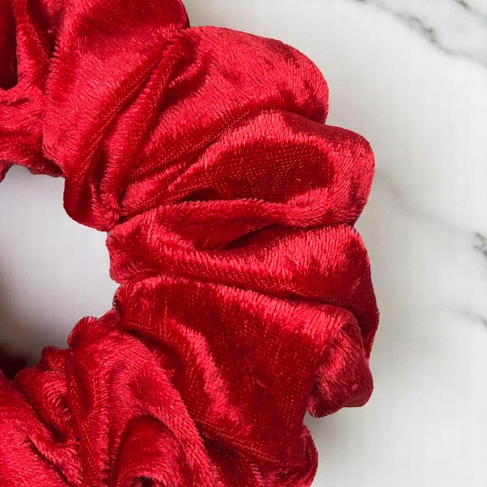 Tuhil Threads Large Scarlet Red Velvet Scrunchie. Soft, rich large velvet hair tie for an elegant, gentle hold. Shop Tuhil Threads hair accessories.