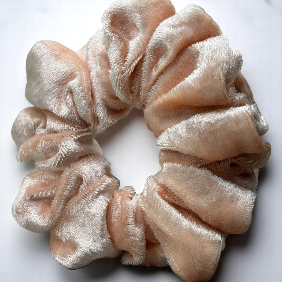 Tuhil Threads Large Peach Velvet Scrunchie. Soft, rich large velvet hair tie for an elegant, gentle hold. Shop Tuhil Threads hair accessories.