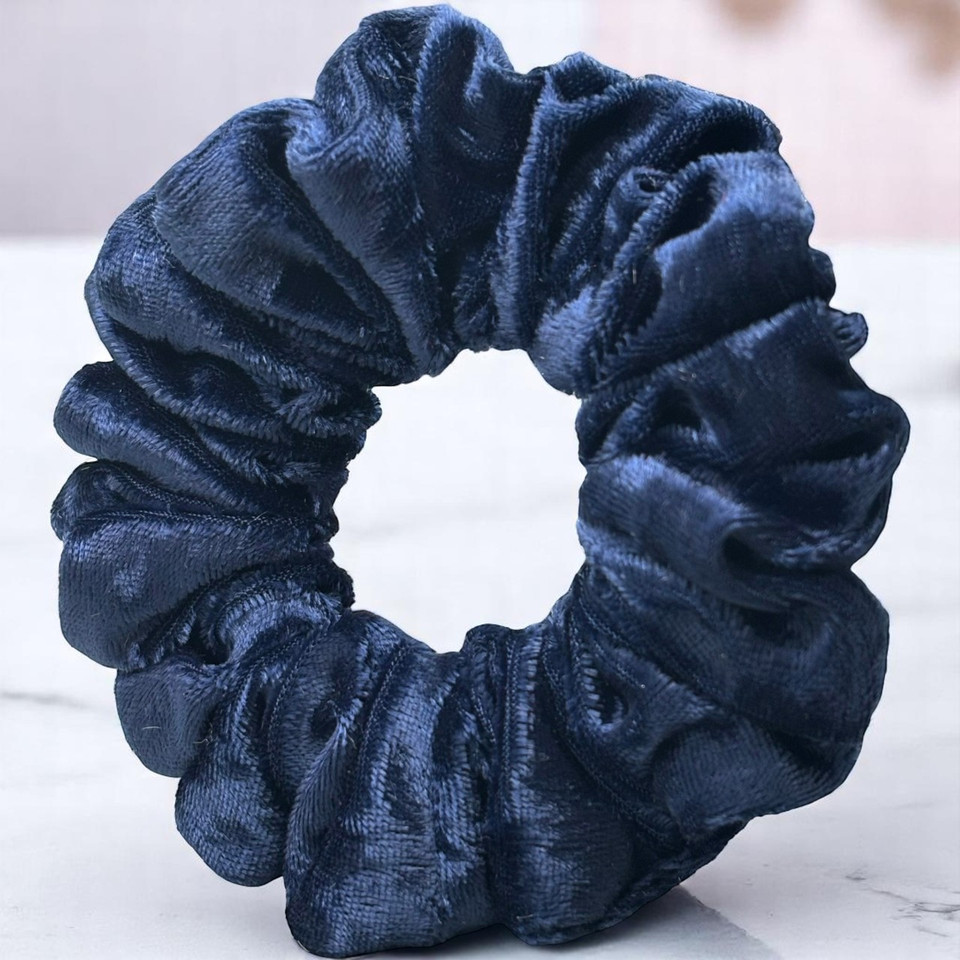Tuhil Threads Medium French Navy Velvet Scrunchie. Soft, rich medium velvet hair tie for an elegant, gentle hold. Shop Tuhil Threads hair accessories.