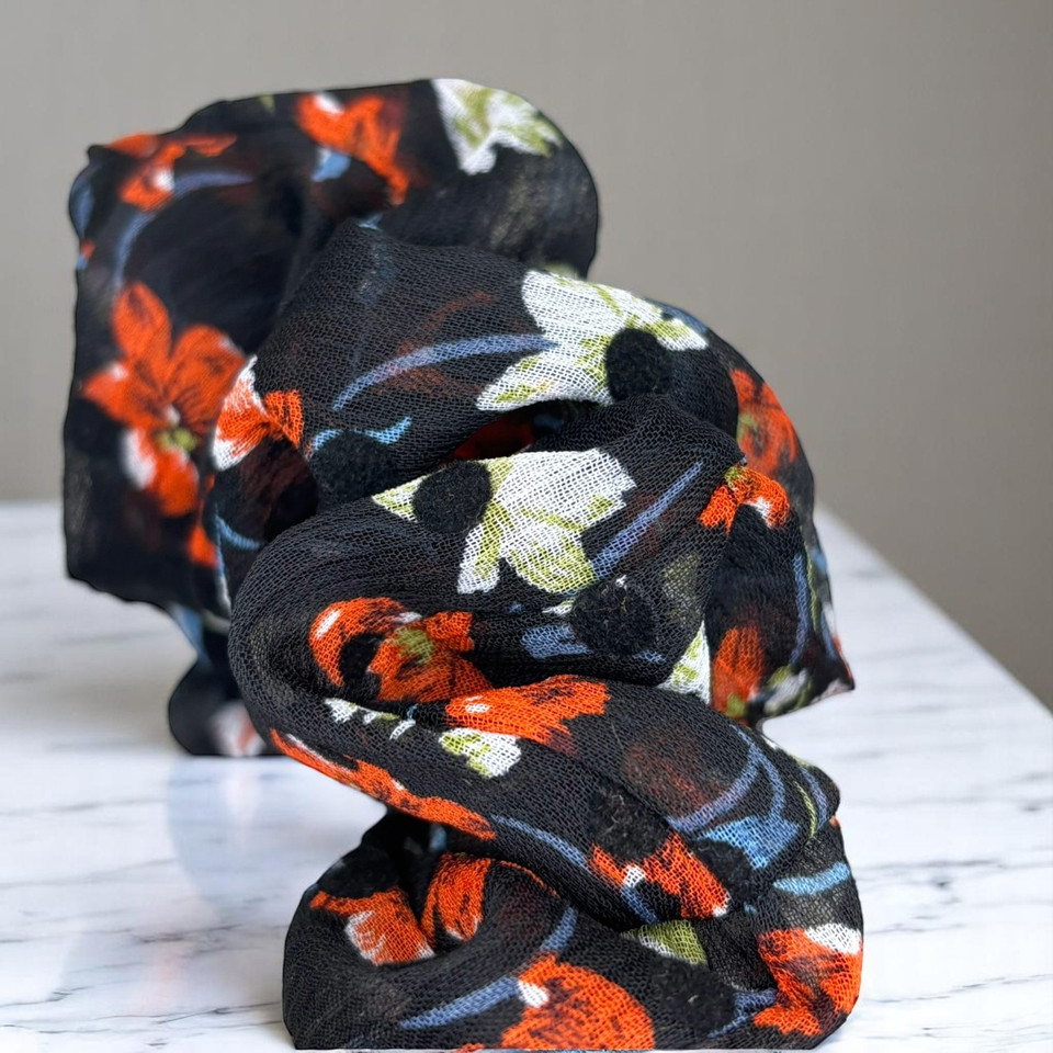 Tuhil Threads Large Black Floral Print Chiffon Scrunchie. Shop Tuhil Threads hair accessories.
