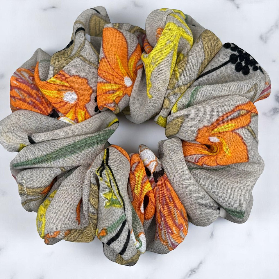 Tuhil Threads Large Greige Floral Print Chiffon Scrunchie. Shop Tuhil Threads hair accessories.