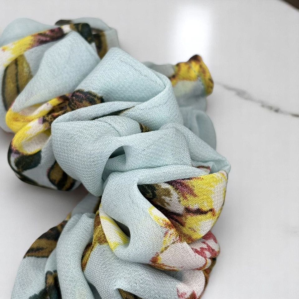 Tuhil Threads Medium Sky Blue Artistic Floral Print Chiffon Scrunchie. Shop Tuhil Threads hair accessories.
