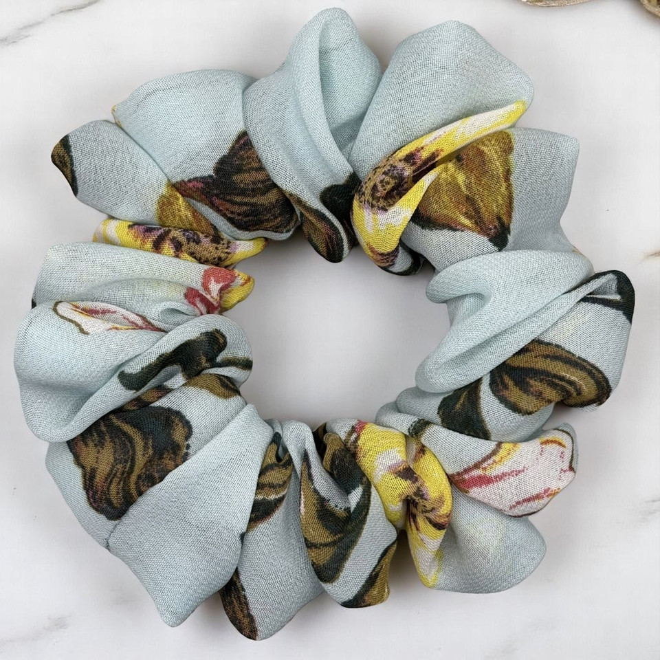 Mint Floral Printed Chiffon Scrunchie- Medium