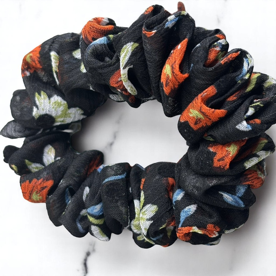 Tuhil Threads Small Black Floral Print Chiffon Scrunchie.  Shop Tuhil Threads hair accessories.