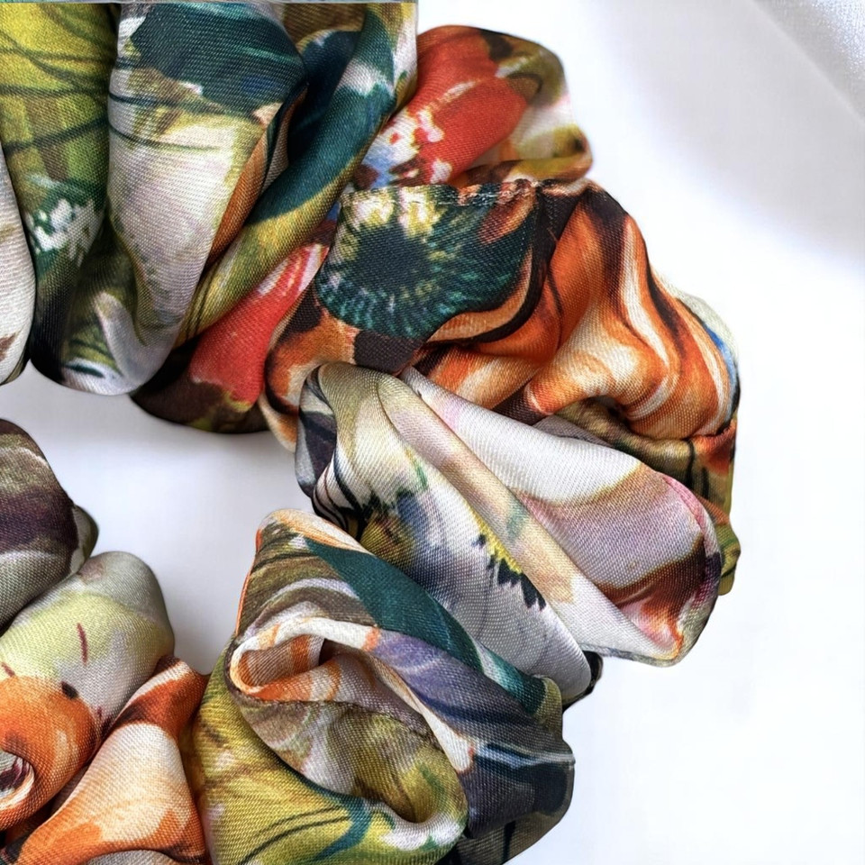 Tuhil Threads Large Multicolour Abstract Floral Silky Satin Scrunchie. Shop Tuhil Threads hair accessories.
