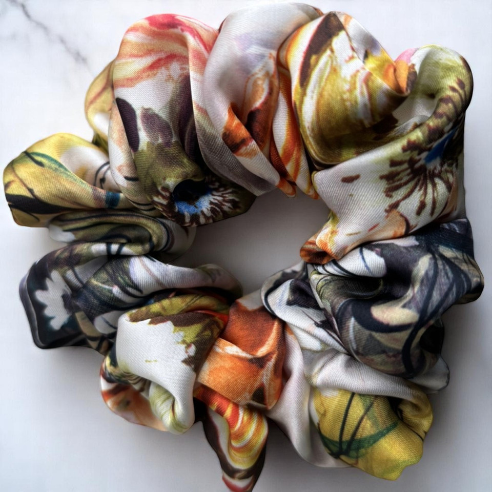 Tuhil Threads Large Multicolour Abstract Floral Silky Satin Scrunchie. Shop Tuhil Threads hair accessories.