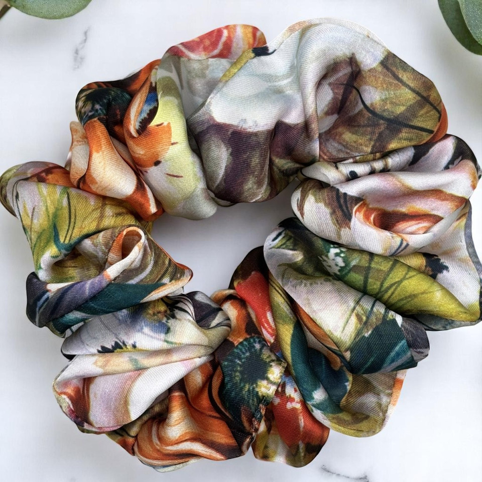 Tuhil Threads Large Multicolour Abstract Floral Silky Satin Scrunchie. Shop Tuhil Threads hair accessories.