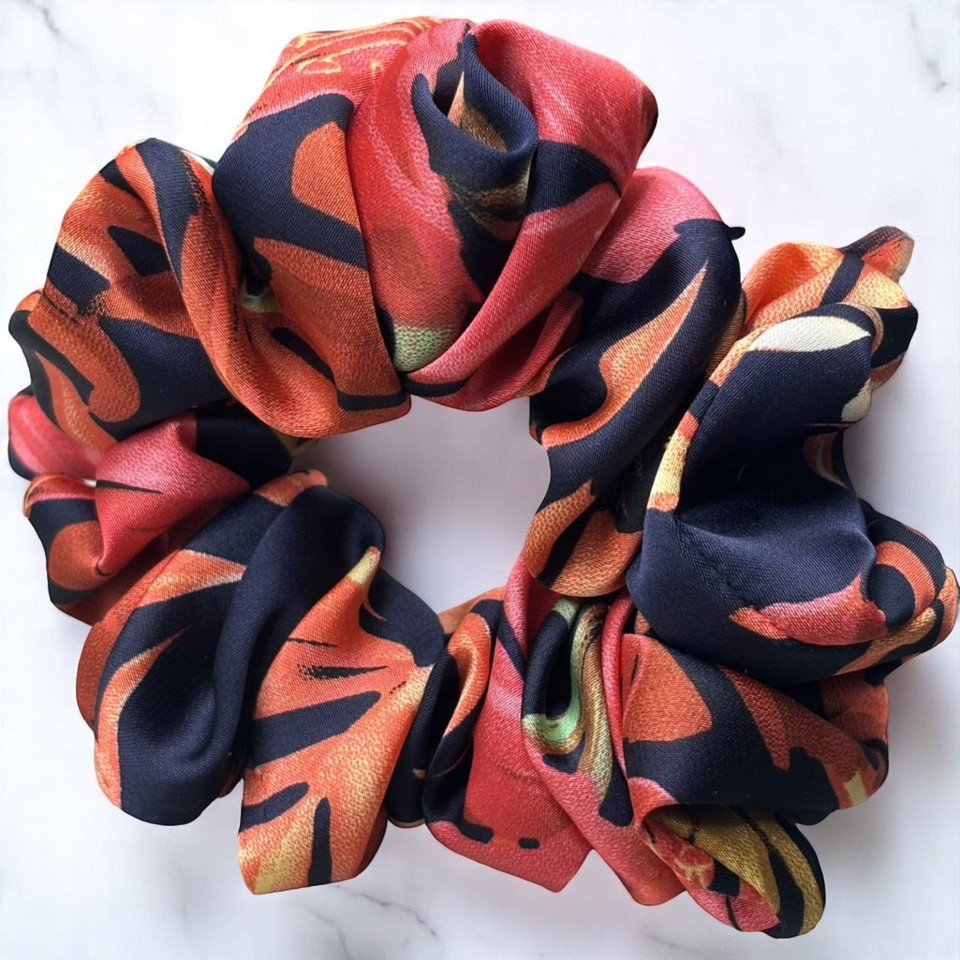 Tuhil Threads Medium Navy & Red Abstract Floral Silky Satin Scrunchie. Shop Tuhil Threads hair accessories.