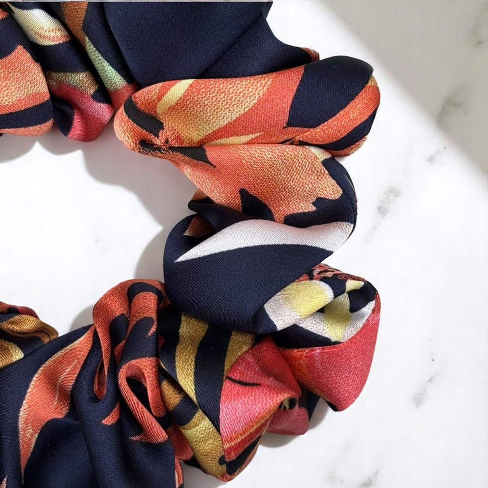 Tuhil Threads Medium Navy & Red Abstract Floral Silky Satin Scrunchie. Shop Tuhil Threads hair accessories.