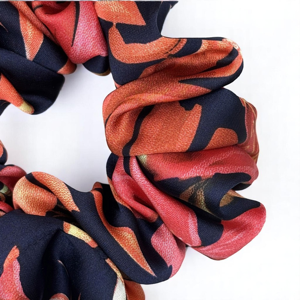 Tuhil Threads Medium Navy & Red Abstract Floral Silky Satin Scrunchie. Shop Tuhil Threads hair accessories.
