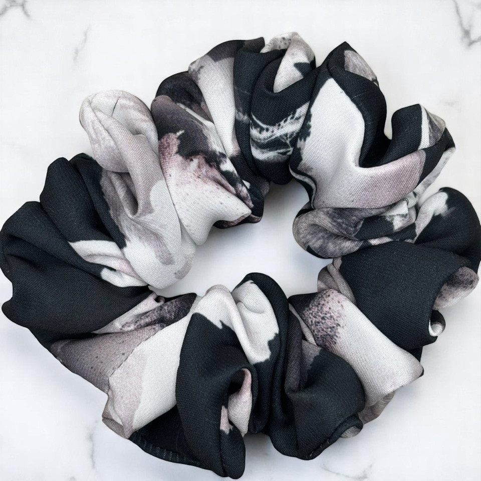 Tuhil Threads Large Monochrome Abstract Silky Satin Scrunchie. Shop Tuhil Threads hair accessories.