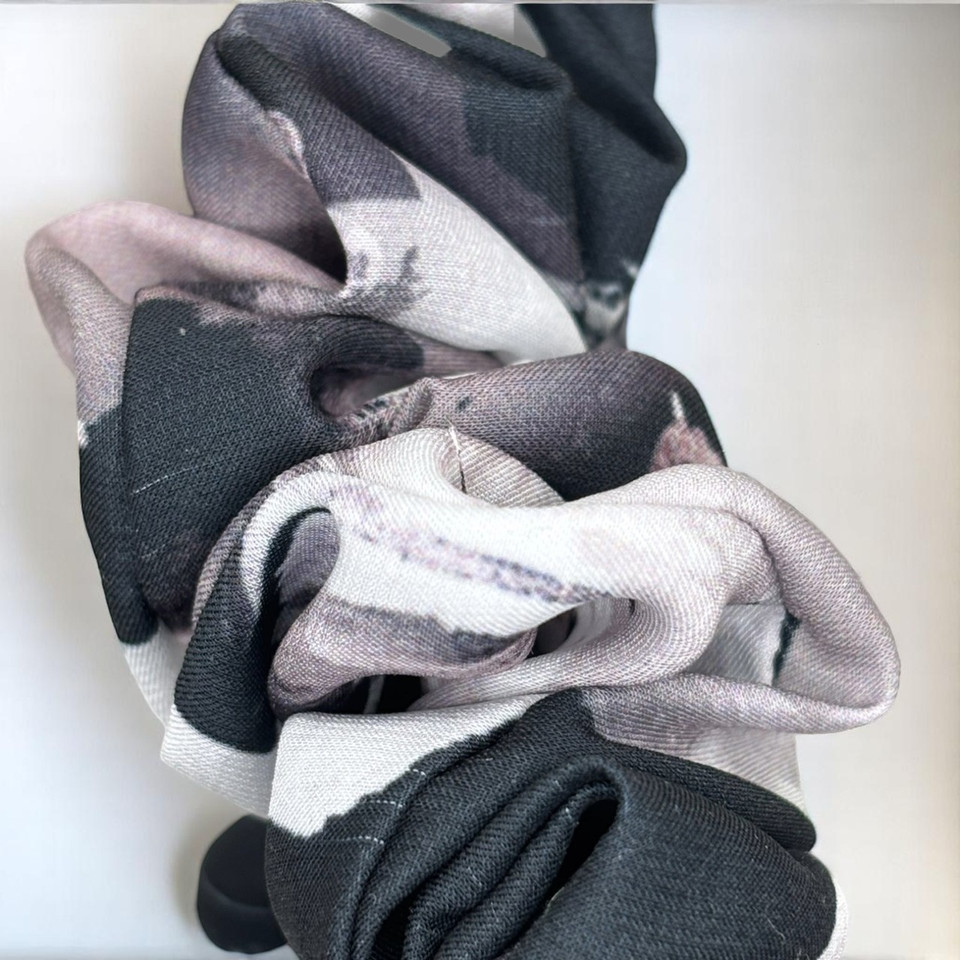 Tuhil Threads Large Monochrome Abstract Silky Satin Scrunchie. Shop Tuhil Threads hair accessories.