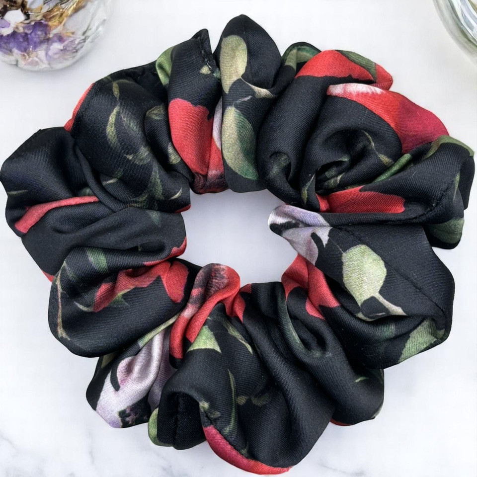 Tuhil Threads Regular Black & Red Bold Floral Silky Satin Scrunchie. Shop Tuhil Threads hair accessories.