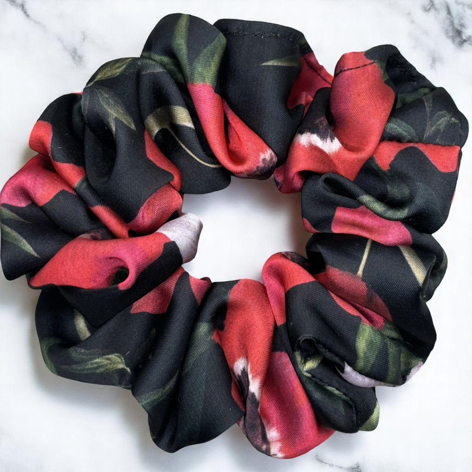 Tuhil Threads Regular Black & Red Bold Floral Silky Satin Scrunchie. Shop Tuhil Threads hair accessories.