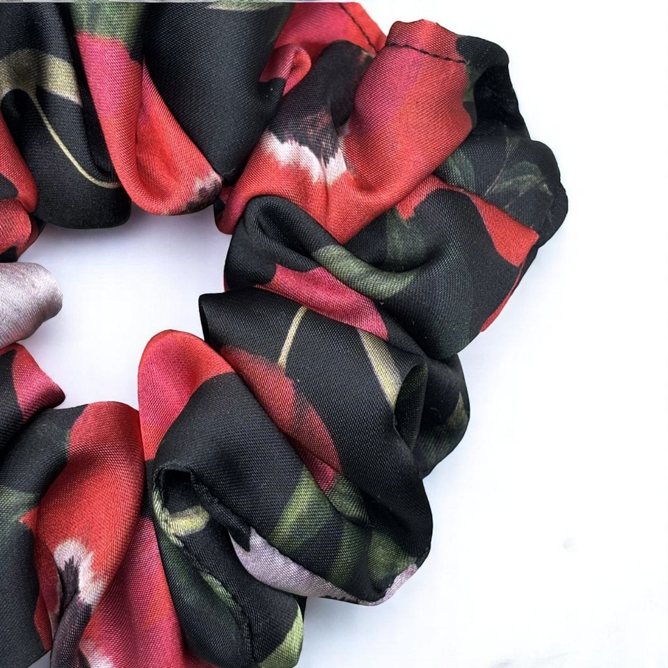 Tuhil Threads Regular Black & Red Bold Floral Silky Satin Scrunchie. Shop Tuhil Threads hair accessories.