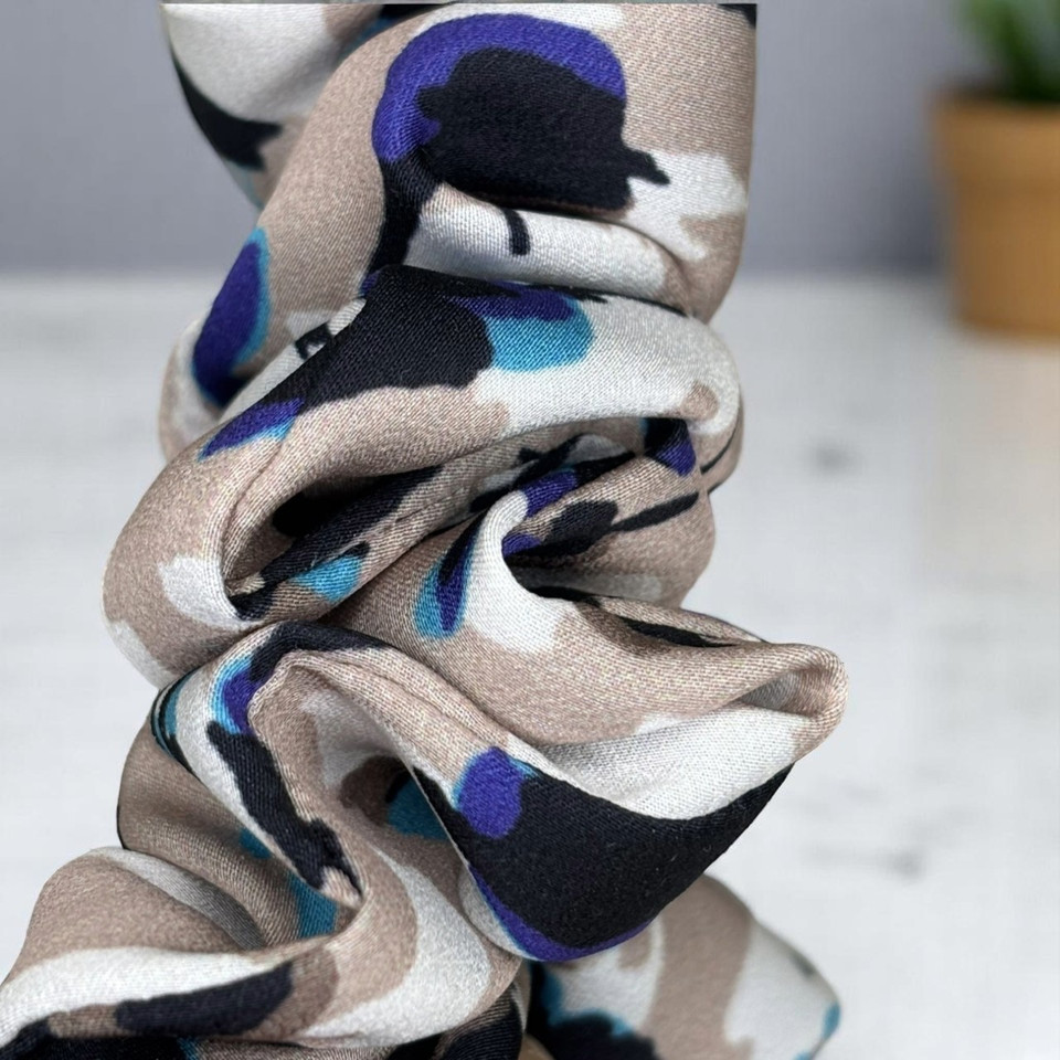 Tuhil Threads Medium Neutral Abstract with Blue Accents Silky Satin Scrunchie. Shop Tuhil Threads hair accessories.