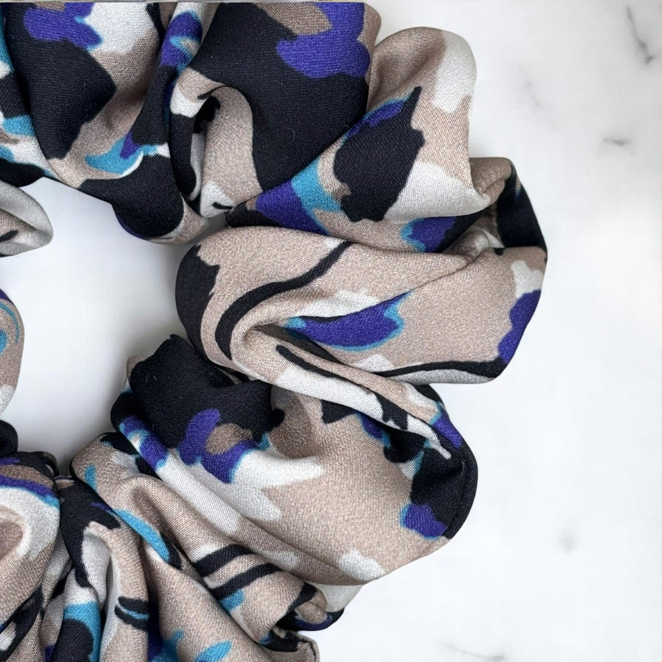 Tuhil Threads Medium Neutral Abstract with Blue Accents Silky Satin Scrunchie. Shop Tuhil Threads hair accessories.