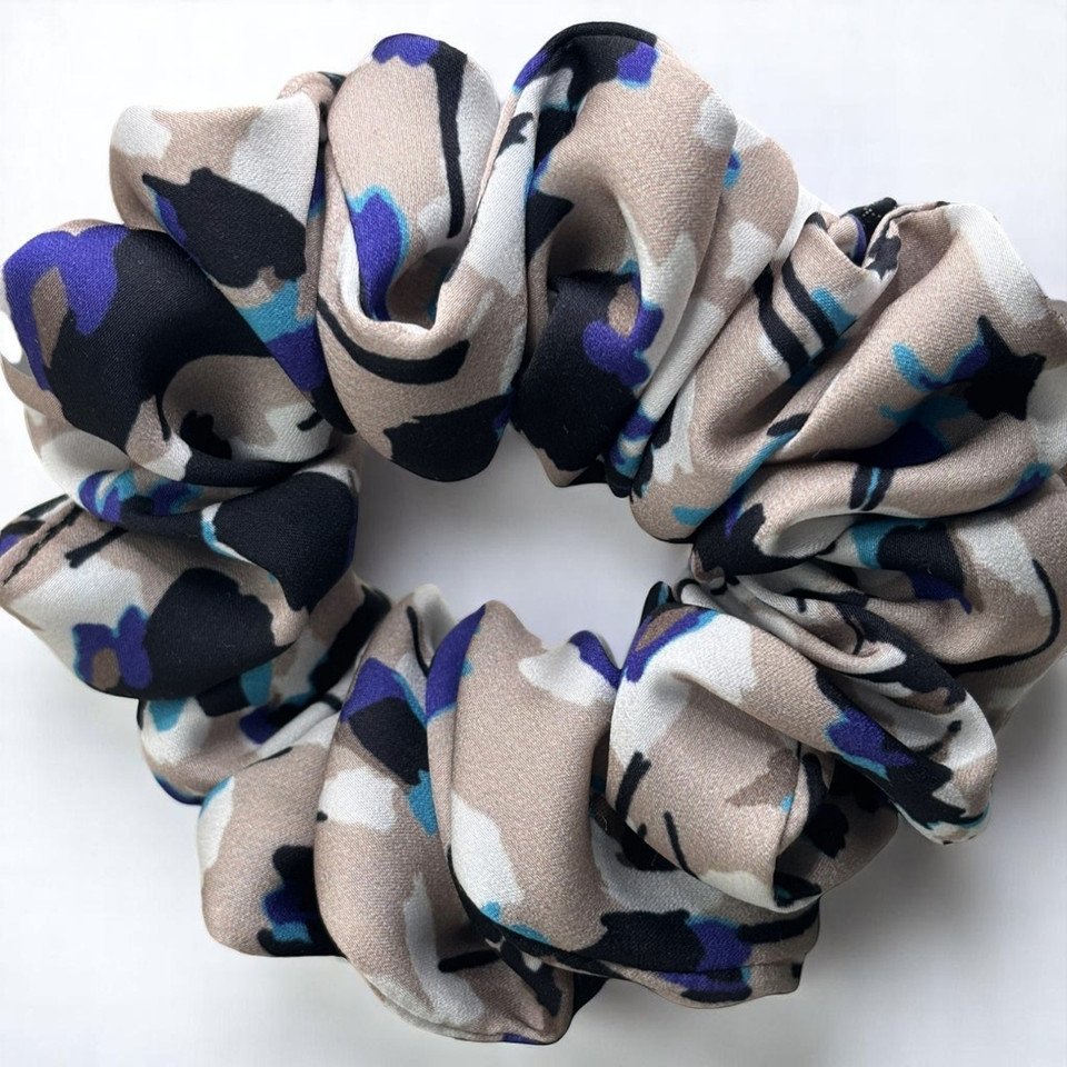 Tuhil Threads Medium Neutral Abstract with Blue Accents Silky Satin Scrunchie. Shop Tuhil Threads hair accessories.