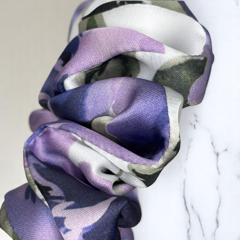 Tuhil Threads Medium Cool Tone Abstract Floral Silky Satin Scrunchie. Shop Tuhil Threads hair accessories.