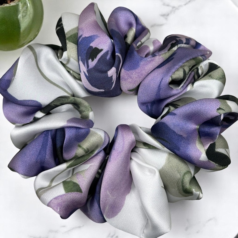 Tuhil Threads Medium Cool Tone Abstract Floral Silky Satin Scrunchie. Shop Tuhil Threads hair accessories.