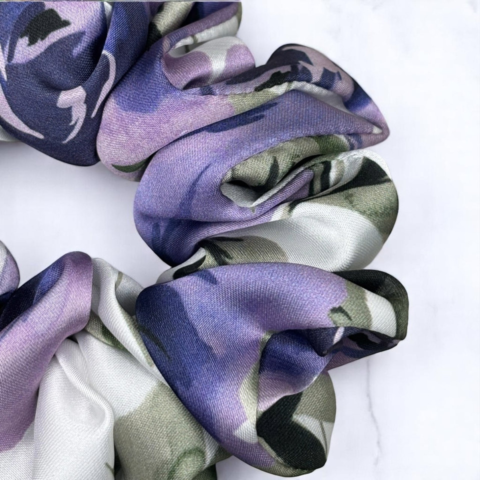 Tuhil Threads Medium Cool Tone Abstract Floral Silky Satin Scrunchie. Shop Tuhil Threads hair accessories.
