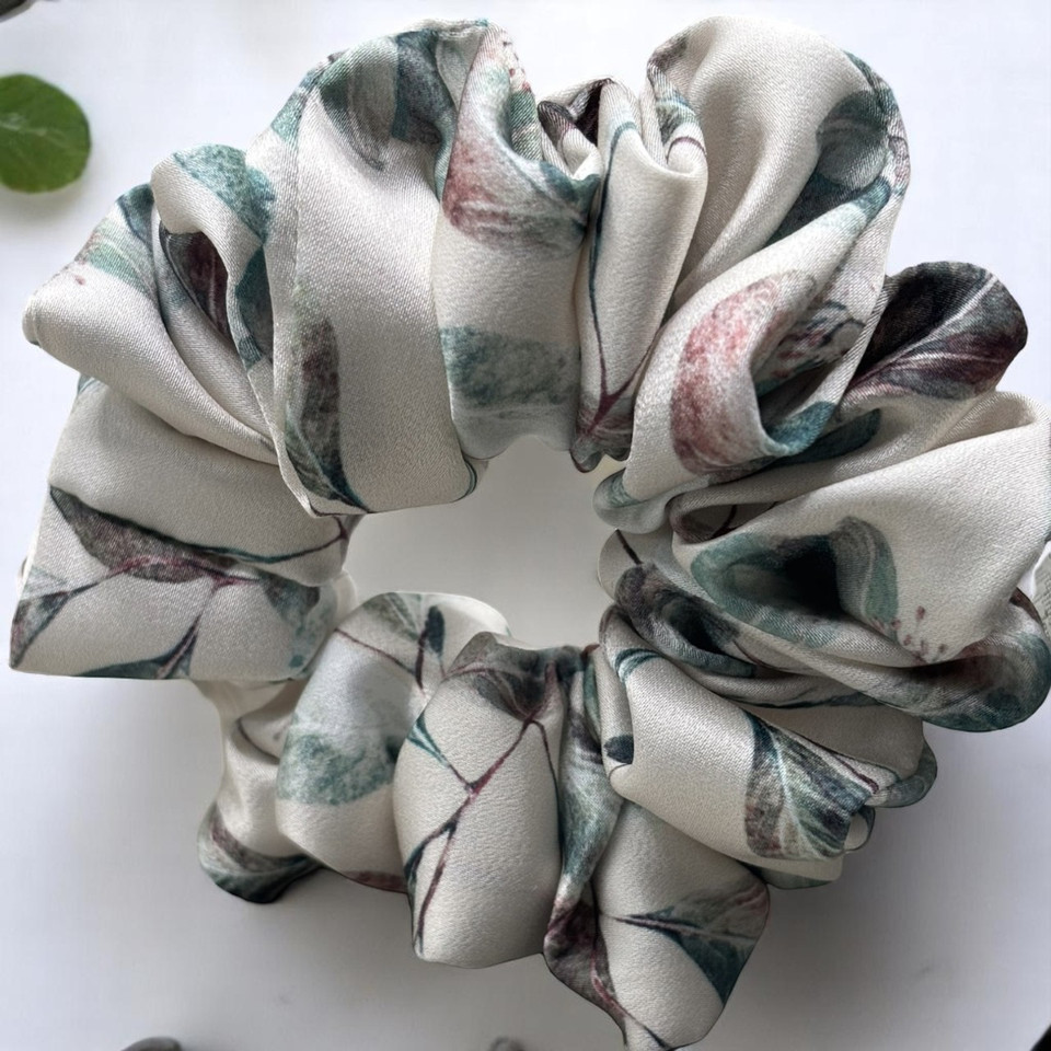 Tuhil Threads Medium Cream Botanical Print Silky Satin Scrunchie. Shop Tuhil Threads hair accessories.