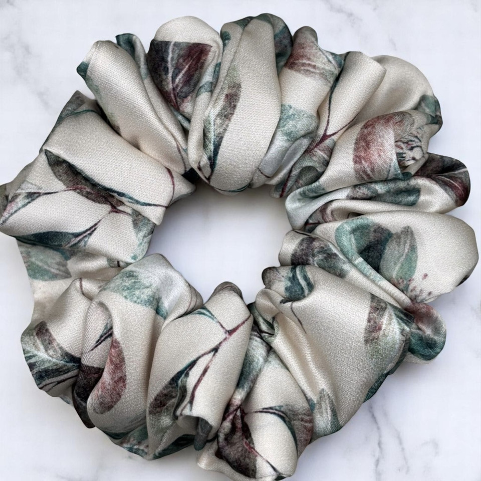 Tuhil Threads Medium Cream Botanical Print Silky Satin Scrunchie. Shop Tuhil Threads hair accessories.