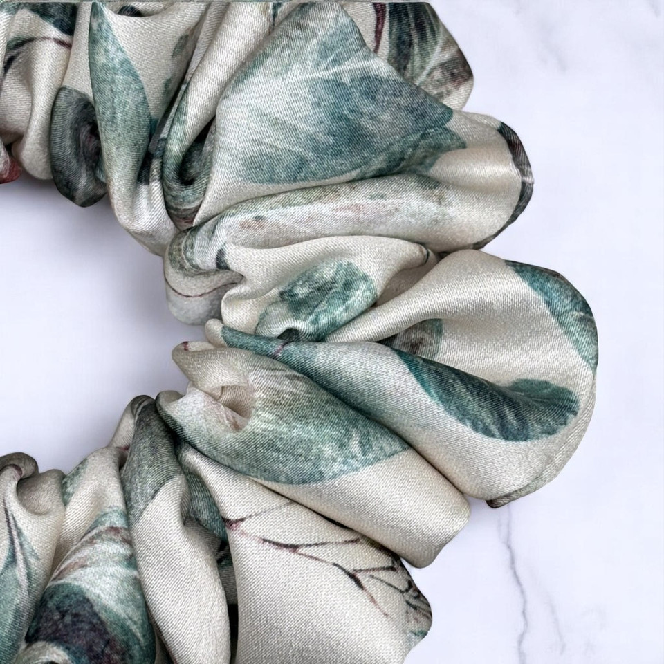 Tuhil Threads Medium Cream Botanical Print Silky Satin Scrunchie. Shop Tuhil Threads hair accessories.
