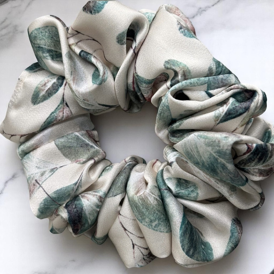 Tuhil Threads Medium Cream Botanical Print Silky Satin Scrunchie. Shop Tuhil Threads hair accessories.