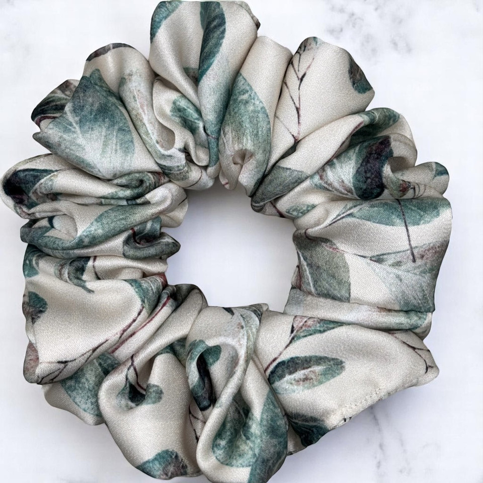 Tuhil Threads Medium Cream Botanical Print Silky Satin Scrunchie. Shop Tuhil Threads hair accessories.