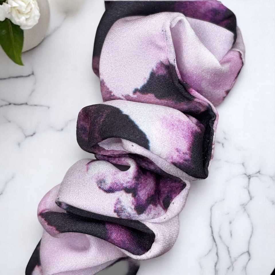 Tuhil Threads Medium Lilac & Deep Purple Abstract Silky Satin Scrunchie. Shop Tuhil Threads hair accessories.
