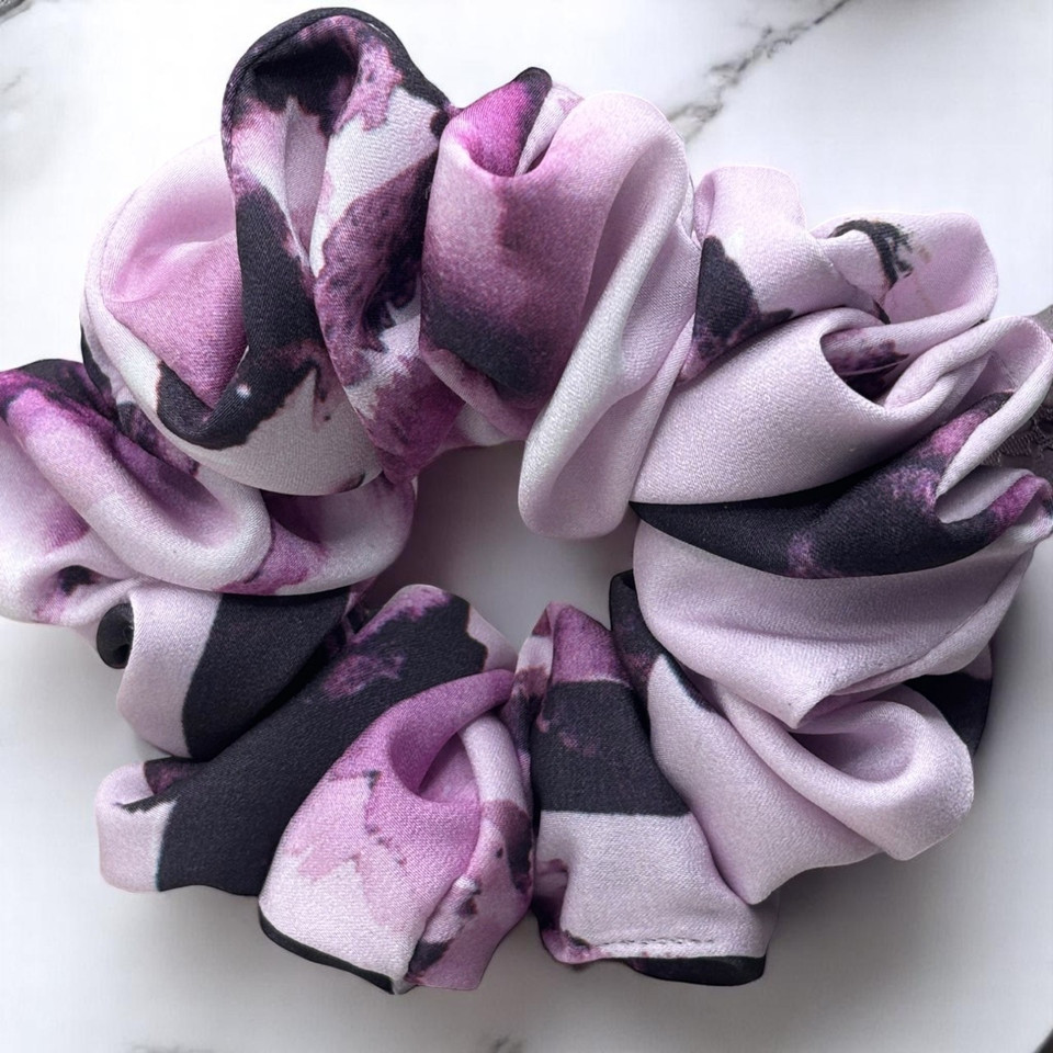 Tuhil Threads Medium Lilac & Deep Purple Abstract Silky Satin Scrunchie. Shop Tuhil Threads hair accessories.