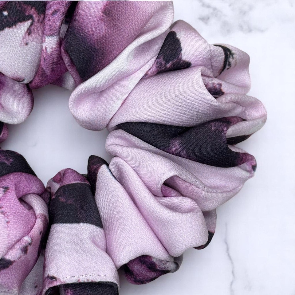 Tuhil Threads Medium Lilac & Deep Purple Abstract Silky Satin Scrunchie. Shop Tuhil Threads hair accessories.