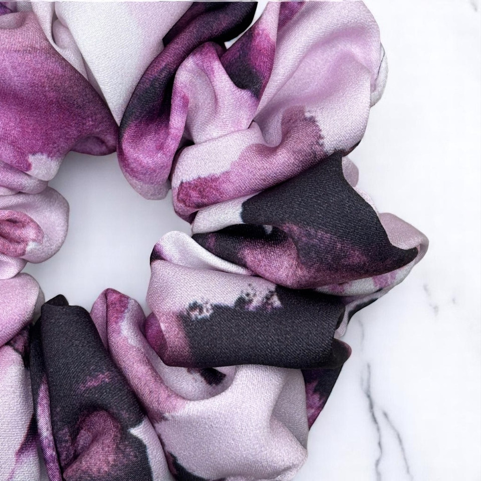 Tuhil Threads Medium Lilac & Deep Purple Abstract Silky Satin Scrunchie. Shop Tuhil Threads hair accessories.