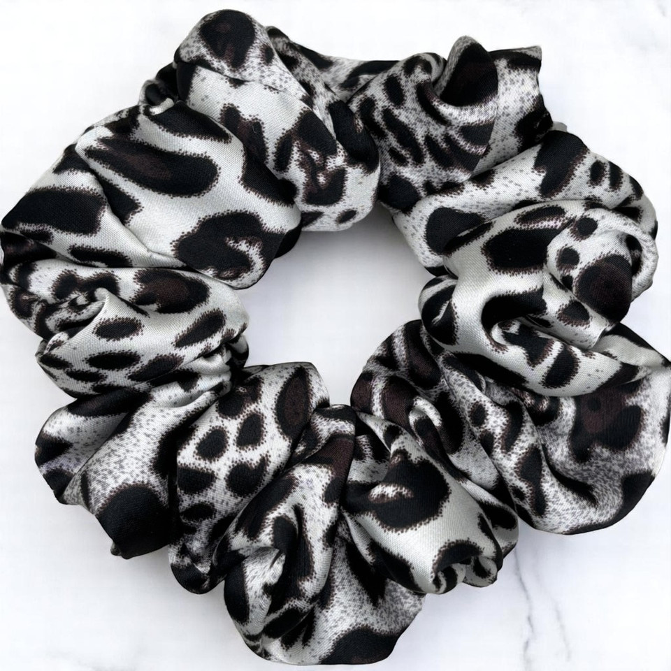Tuhil Threads Medium Monochrome Leopard Print Silky Satin Scrunchie. Shop Tuhil Threads hair accessories.