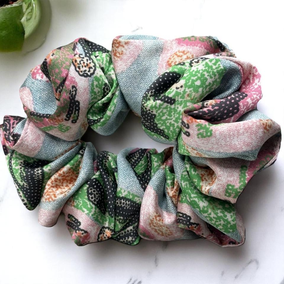 Tuhil Threads Medium Multicolour Playful Abstract Silky Satin Scrunchie. Shop Tuhil Threads hair accessories.