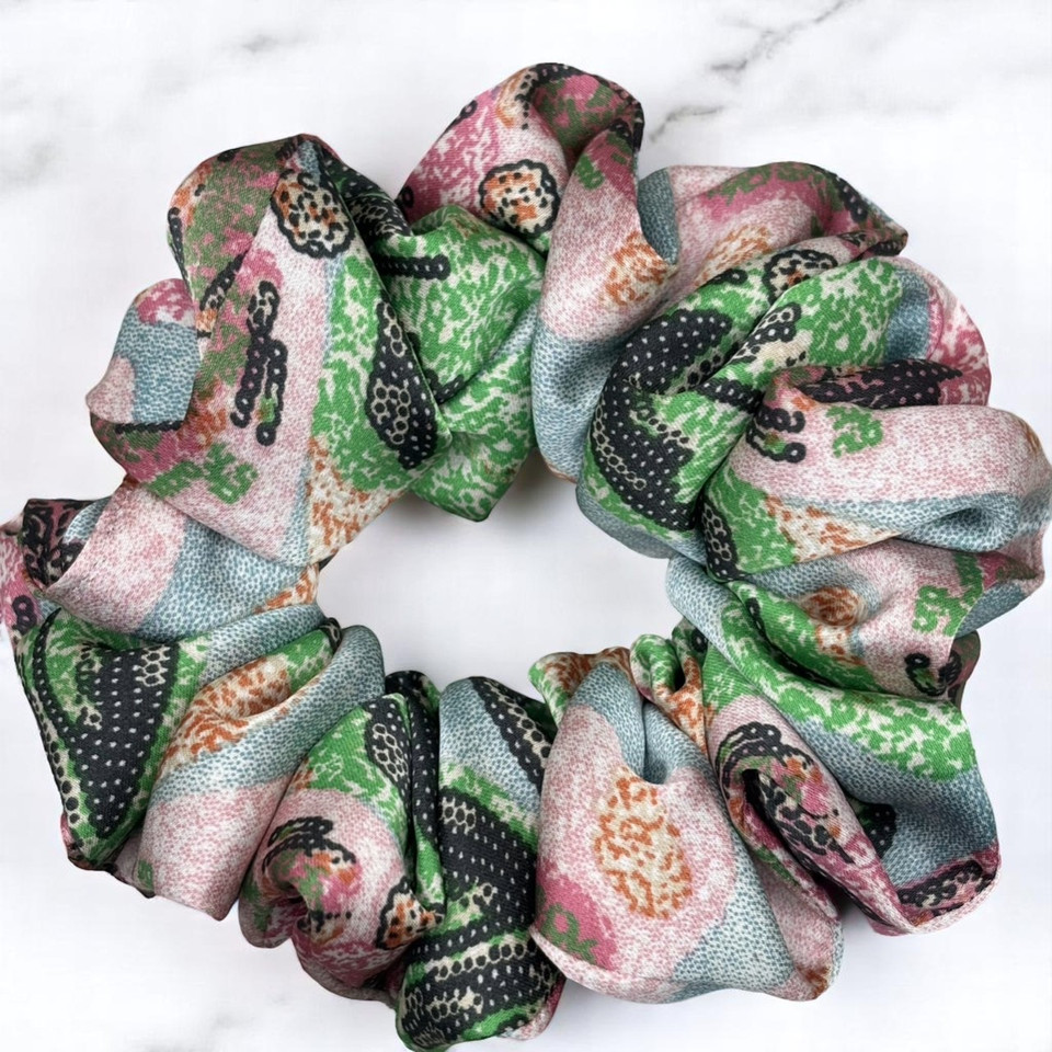 Aqua Floral Scrunchie - Silky Satin Charmeuse