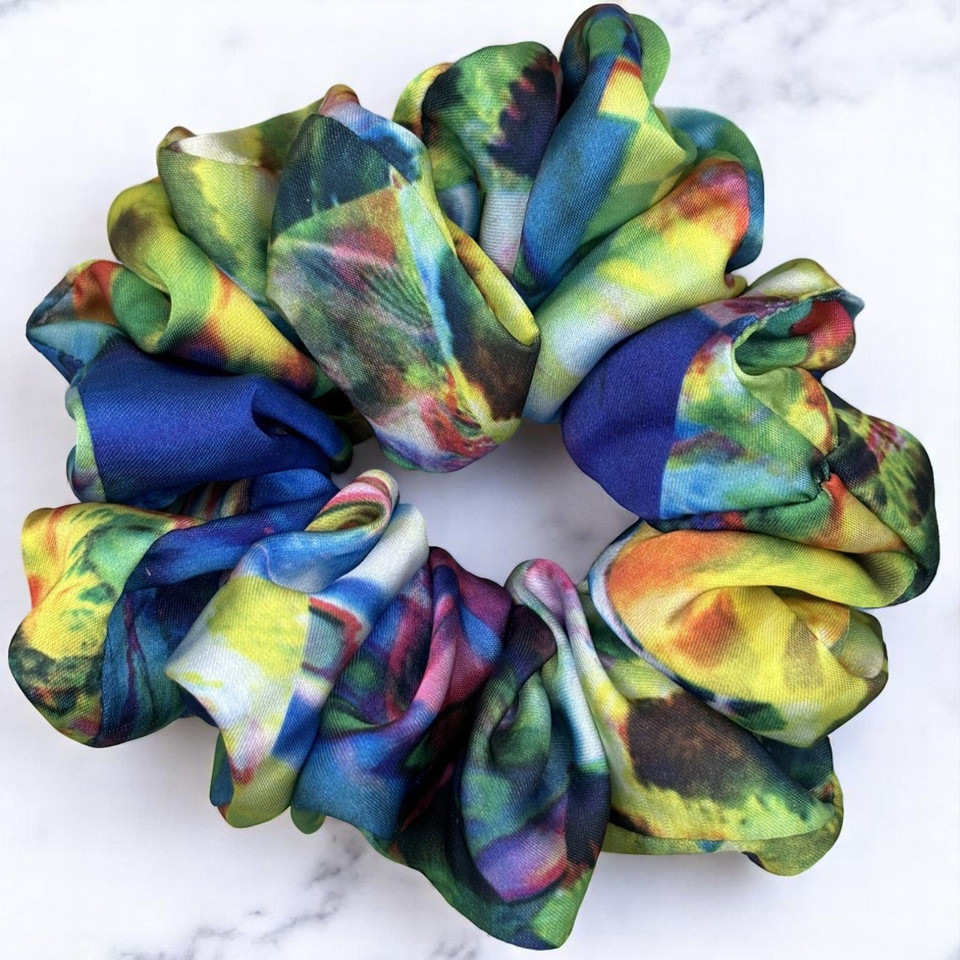 Tuhil Threads Medium Vibrant Abstract Silky Satin Scrunchie. Shop Tuhil Threads hair accessories.