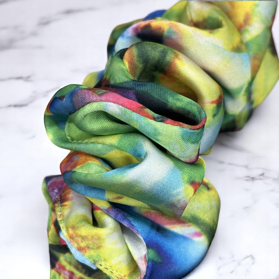 Tuhil Threads Medium Vibrant Abstract Silky Satin Scrunchie. Shop Tuhil Threads hair accessories.