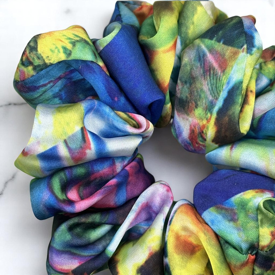 Tuhil Threads Medium Vibrant Abstract Silky Satin Scrunchie. Shop Tuhil Threads hair accessories.