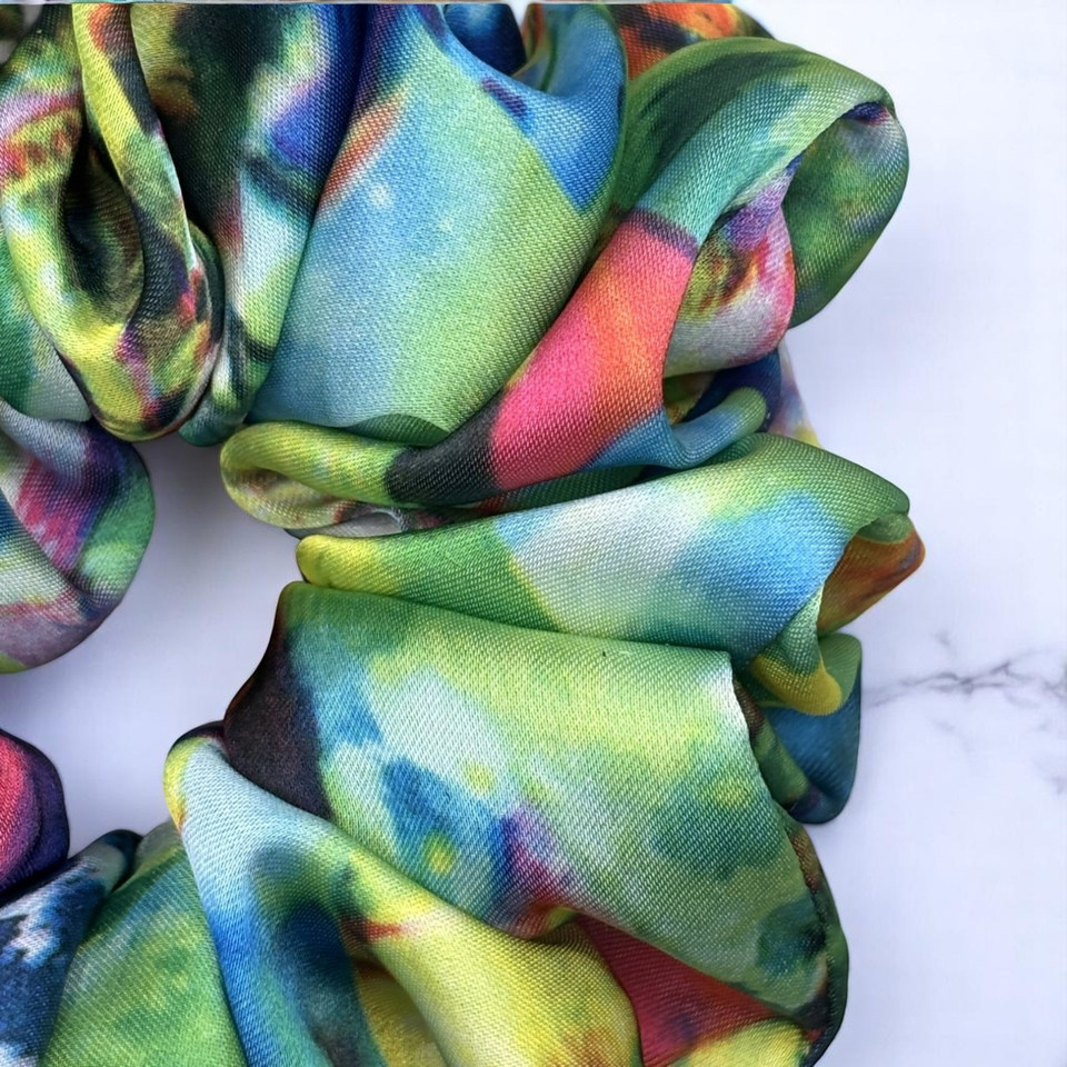 Tuhil Threads Medium Vibrant Abstract Silky Satin Scrunchie. Shop Tuhil Threads hair accessories.
