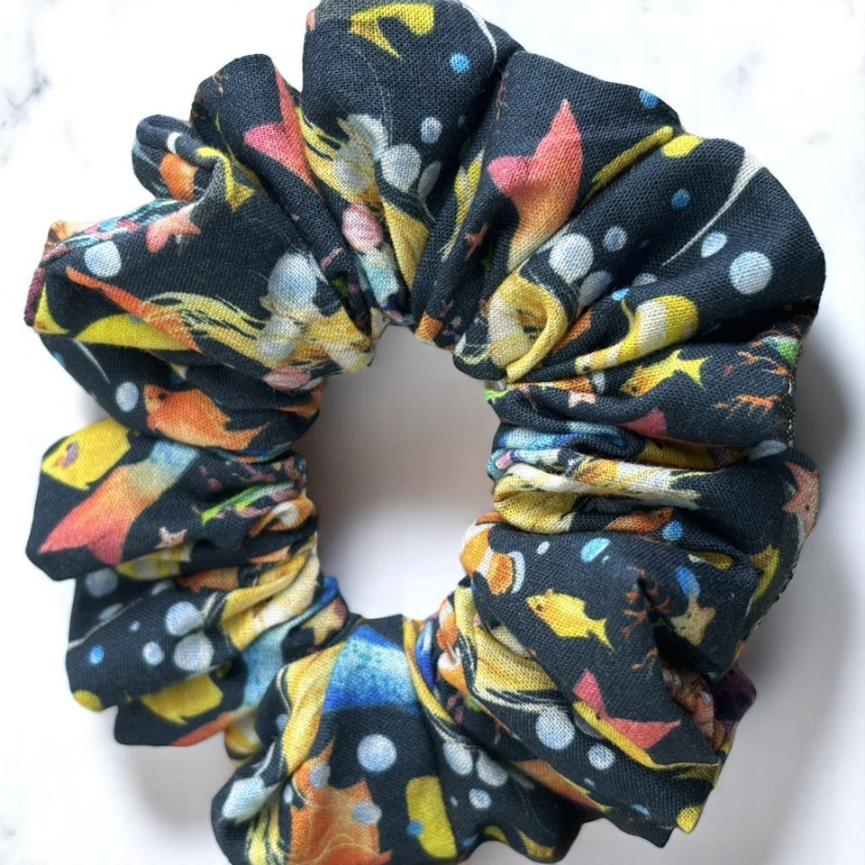 Tuhil Threads Medium Navy Bird & Sea Life Print John Louden Cotton Scrunchie. Shop Tuhil Threads hair accessories.